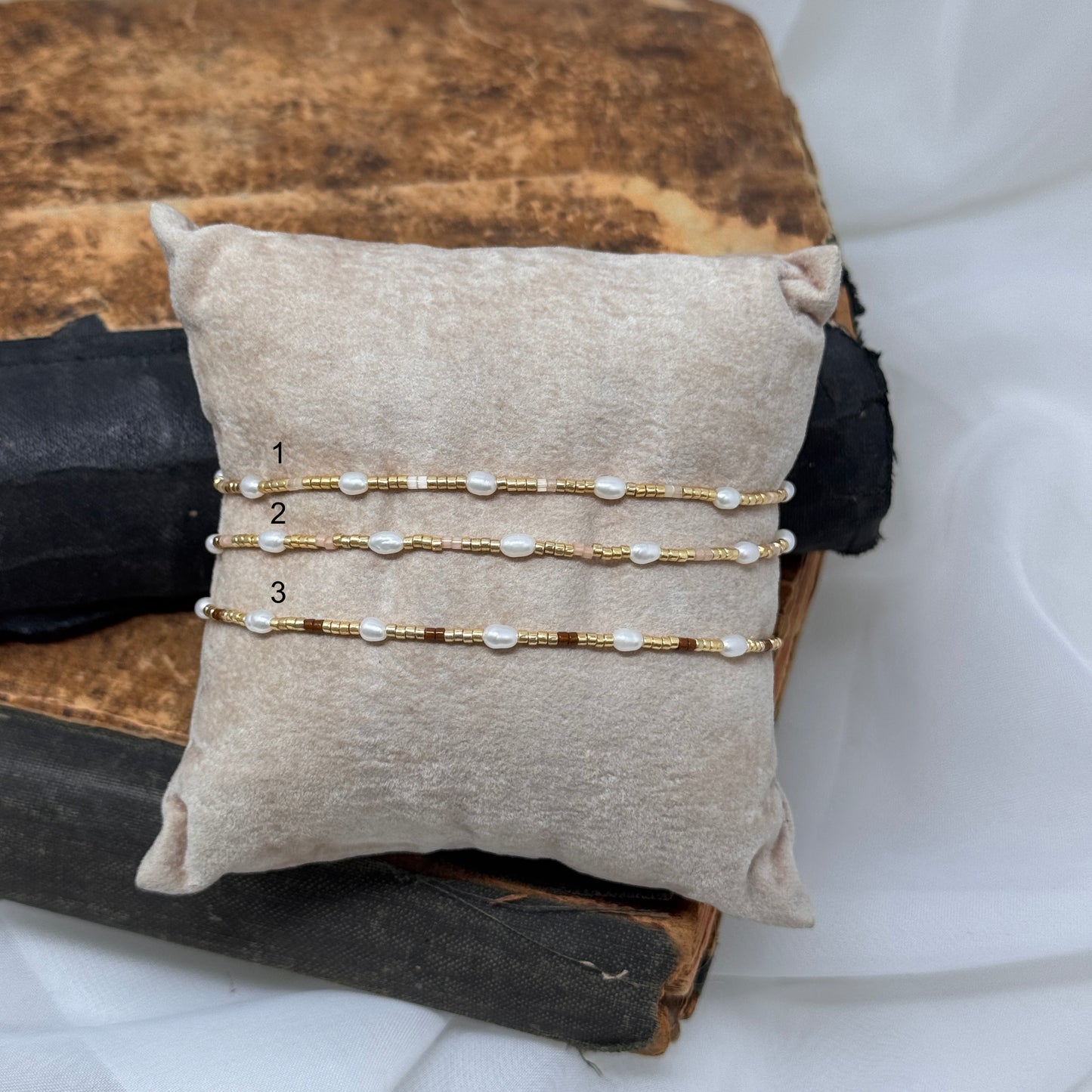 Bracciale regolabile perle miyuki oro cioccolato e cipria e perle - Lumiere Bijoux