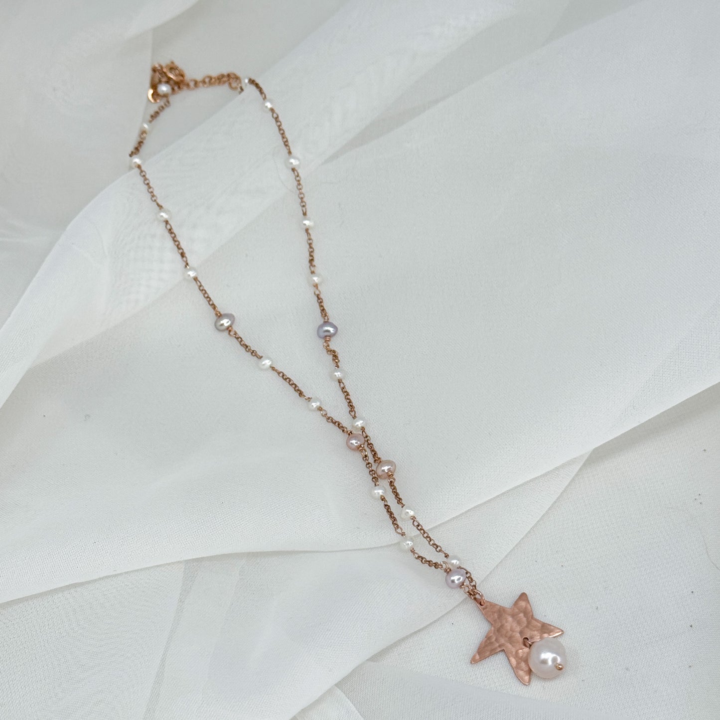 Collana rado perle rosa e bianche con stella pendente con perla finale cm 40 - Lumiere Bijoux
