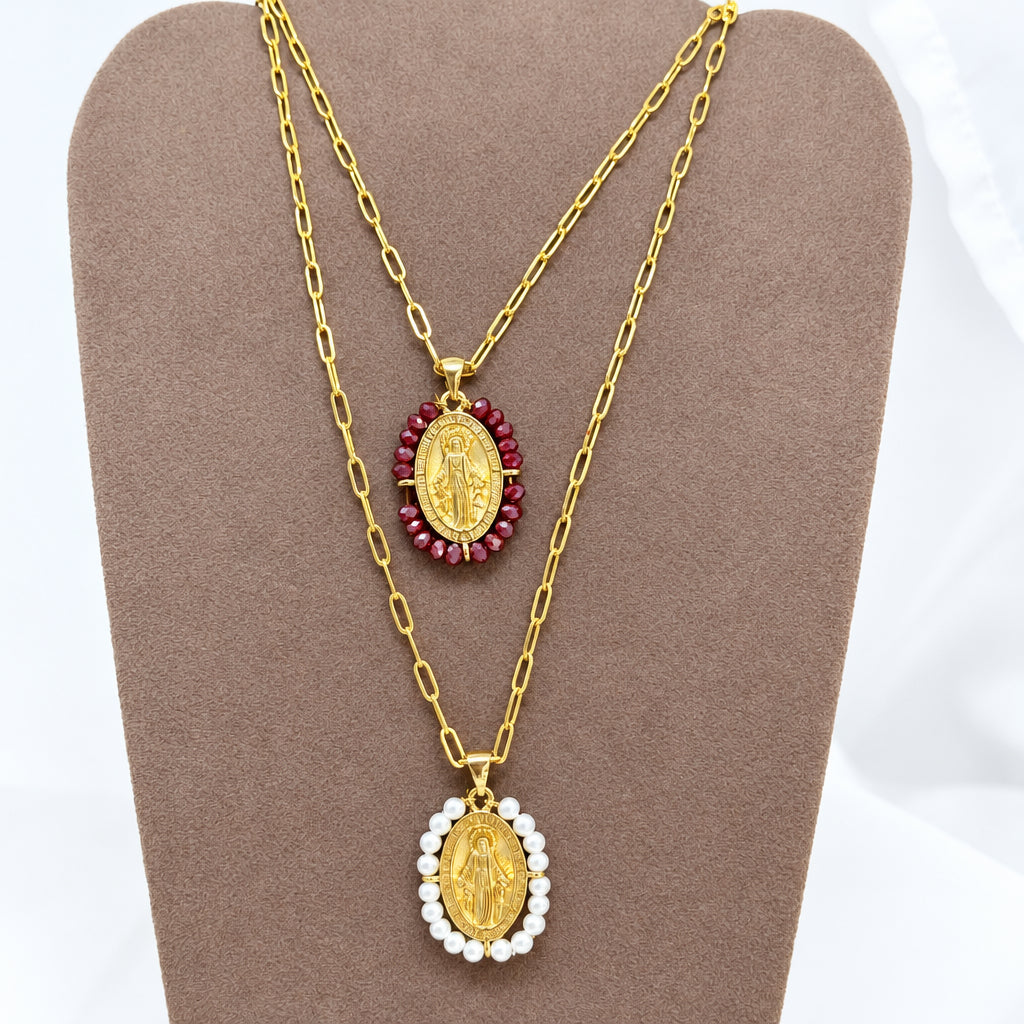 Collana cm60 in ottone catena sushi e pendente targhetta madonnina - Lumiere Bijoux