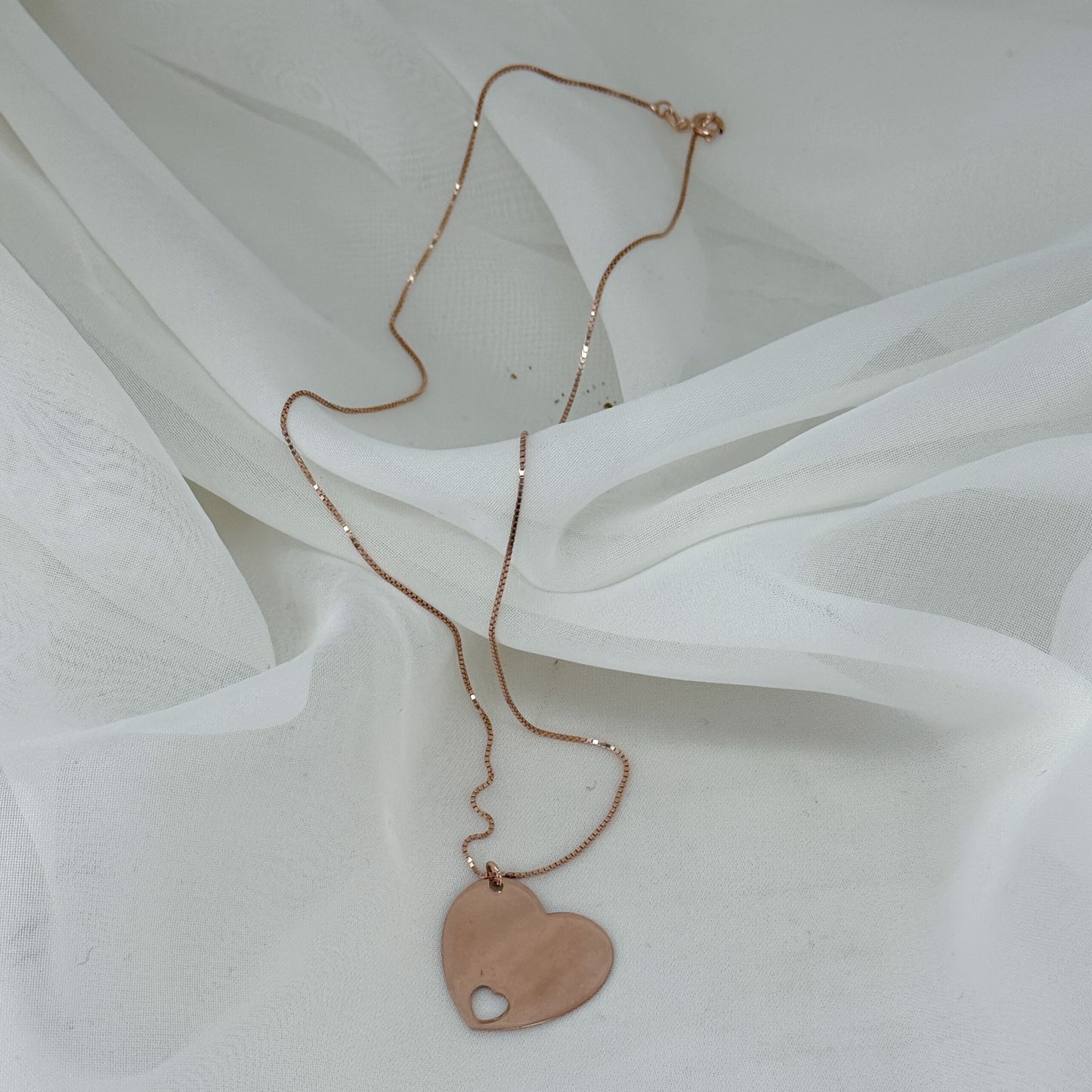 Collana lunga cm 60 catena veneziana con cuore liscio e micro cuore al laser - Lumiere Bijoux