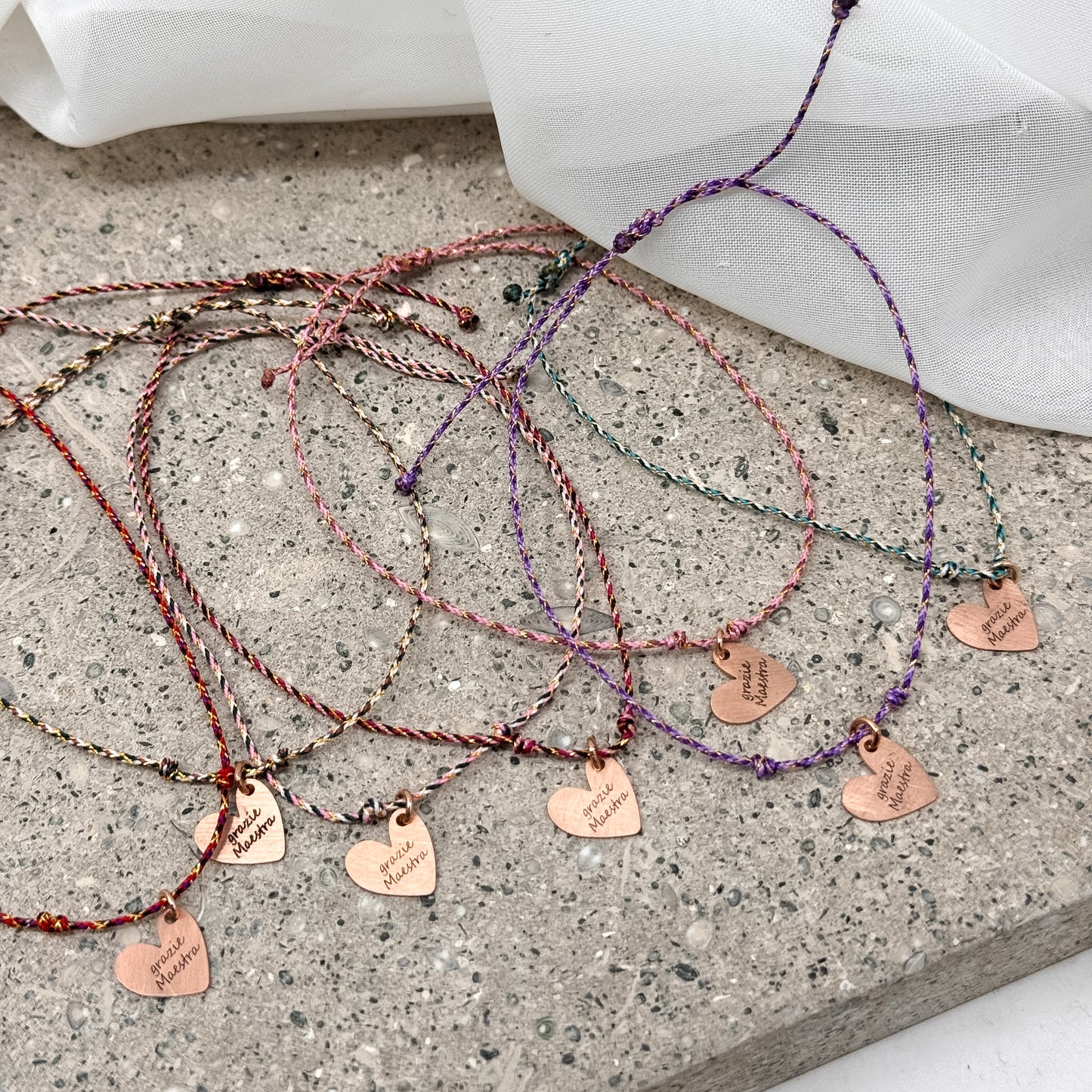 Bracciale Cordino "Grazie Maestra" — Cuore Rosé argento 925 Inciso Regolabile - Lumiere Bijoux