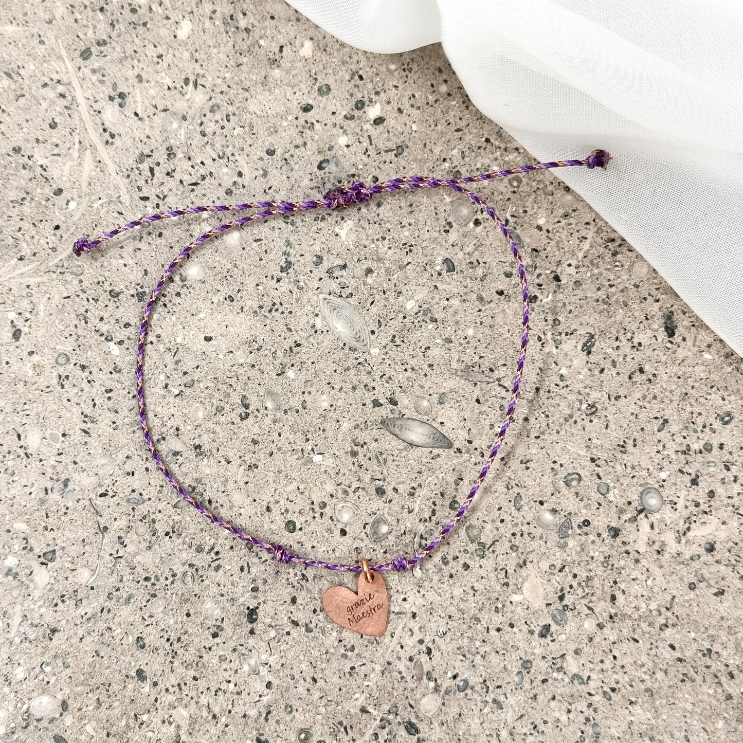 Bracciale Cordino "Grazie Maestra" — Cuore Rosé argento 925 Inciso Regolabile - Lumiere Bijoux