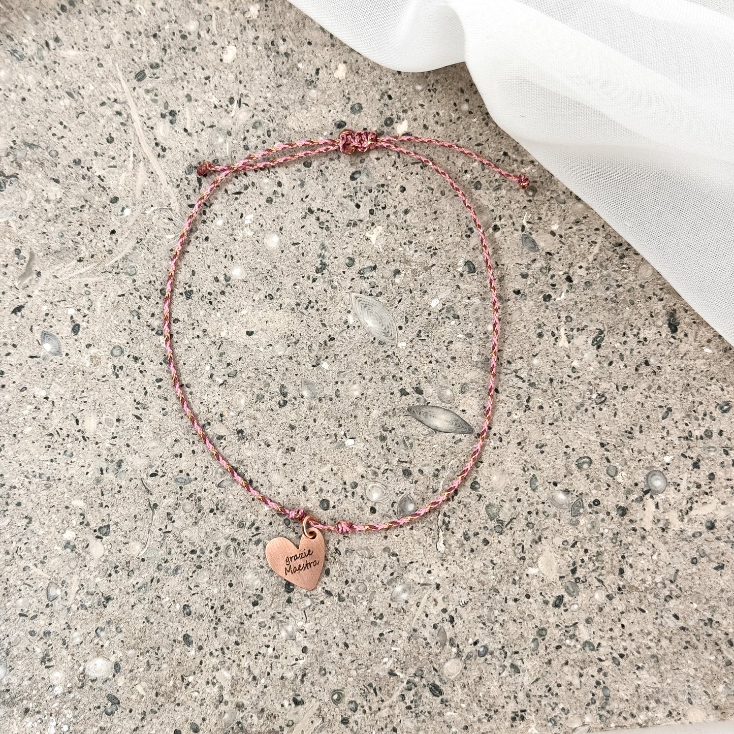 Bracciale Cordino "Grazie Maestra" — Cuore Rosé argento 925 Inciso Regolabile - Lumiere Bijoux
