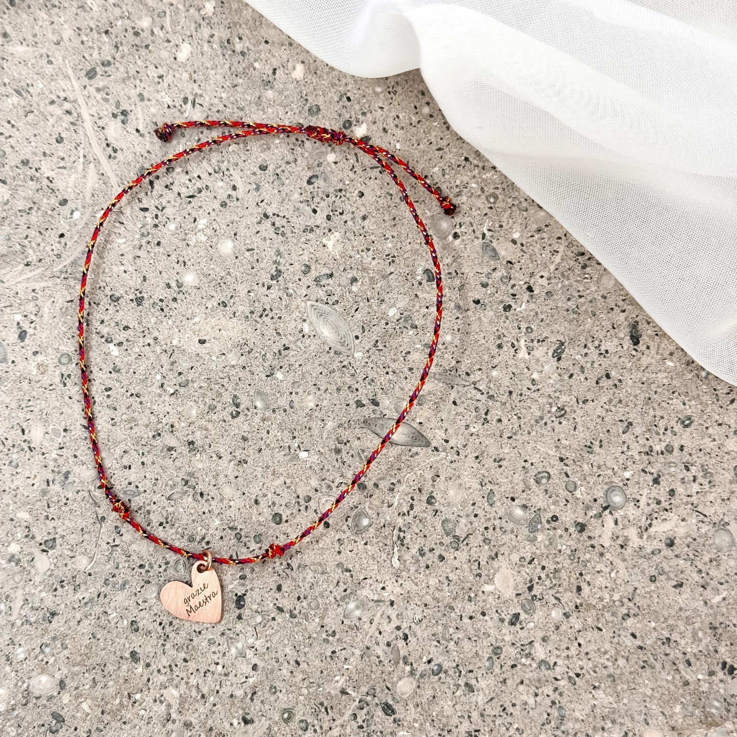 Bracciale Cordino "Grazie Maestra" — Cuore Rosé argento 925 Inciso Regolabile - Lumiere Bijoux