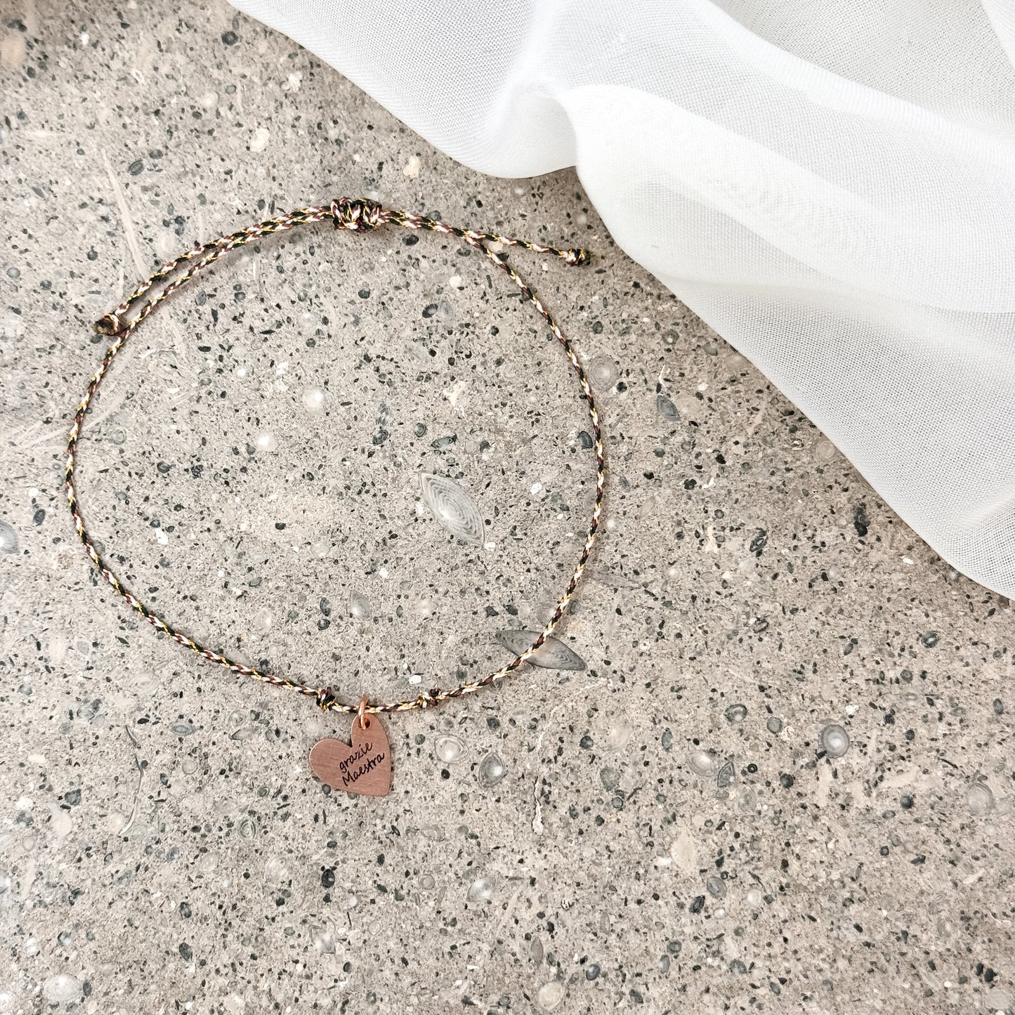 Bracciale Cordino "Grazie Maestra" — Cuore Rosé argento 925 Inciso Regolabile - Lumiere Bijoux