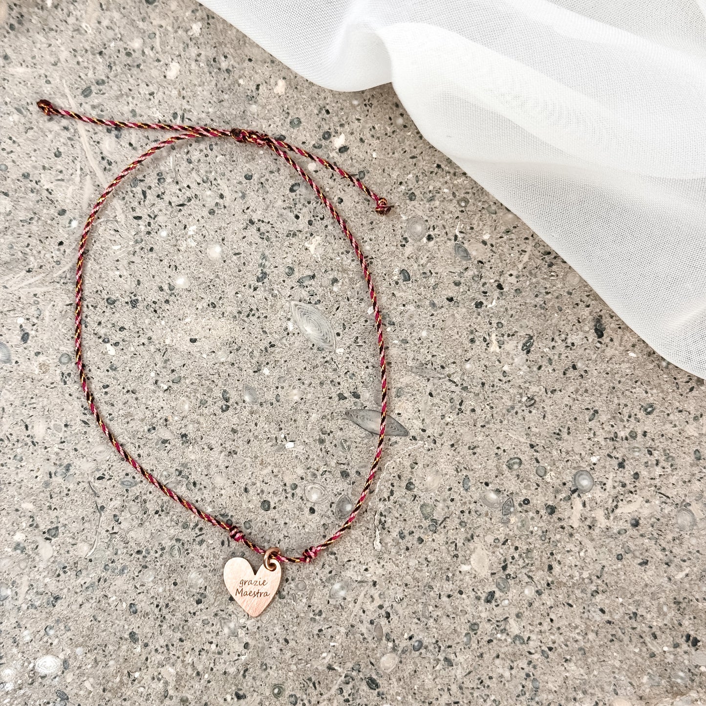 Bracciale Cordino "Grazie Maestra" — Cuore Rosé argento 925 Inciso Regolabile - Lumiere Bijoux