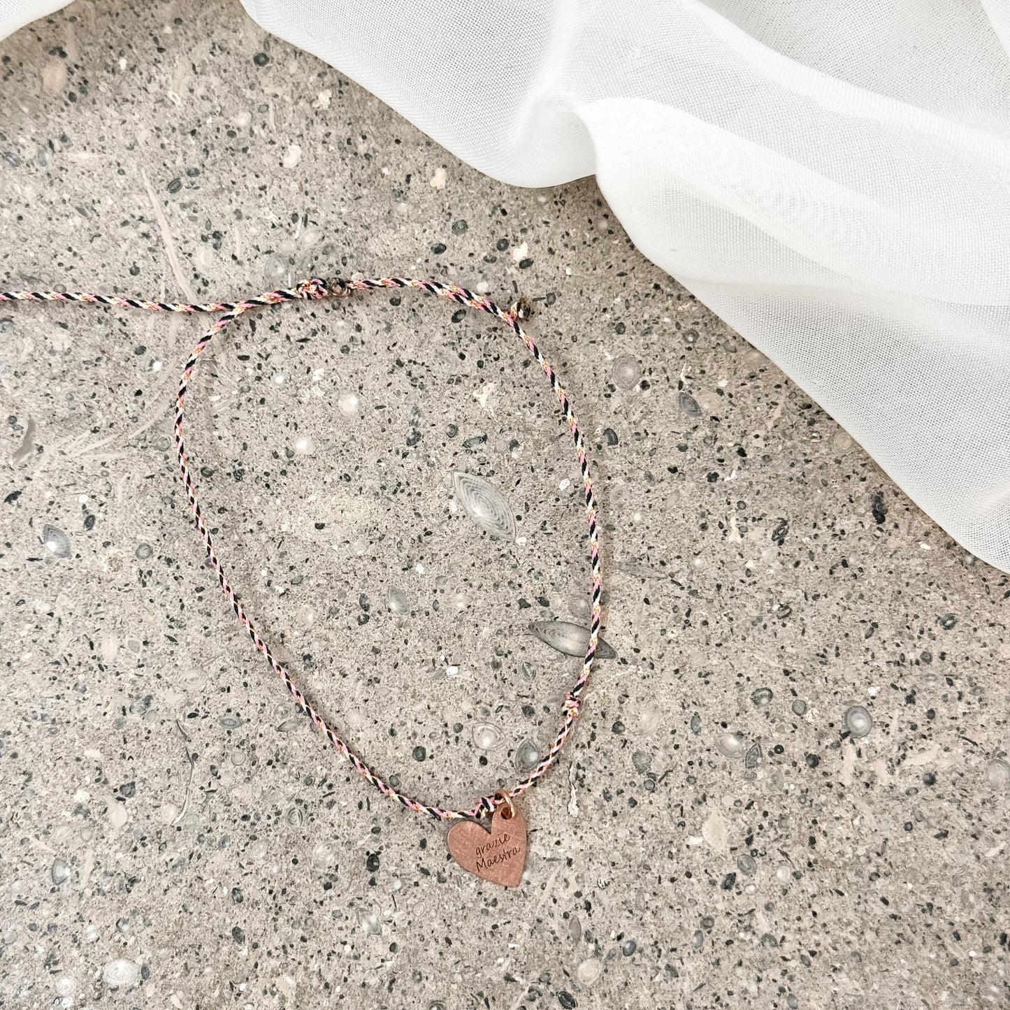 Bracciale Cordino "Grazie Maestra" — Cuore Rosé argento 925 Inciso Regolabile - Lumiere Bijoux