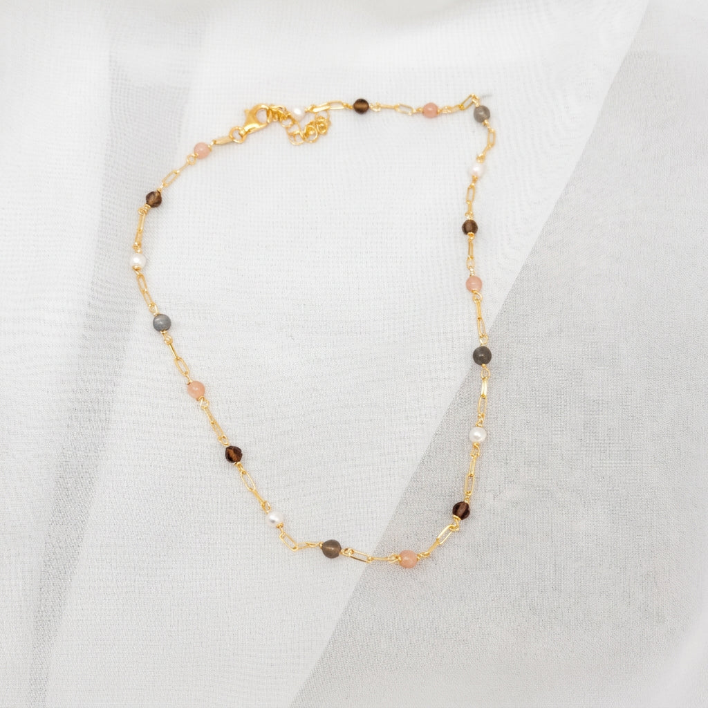 Collana cm35 catena sushi e pietre labradorite - quarzo fumé e pietra di luna - Lumiere Bijoux