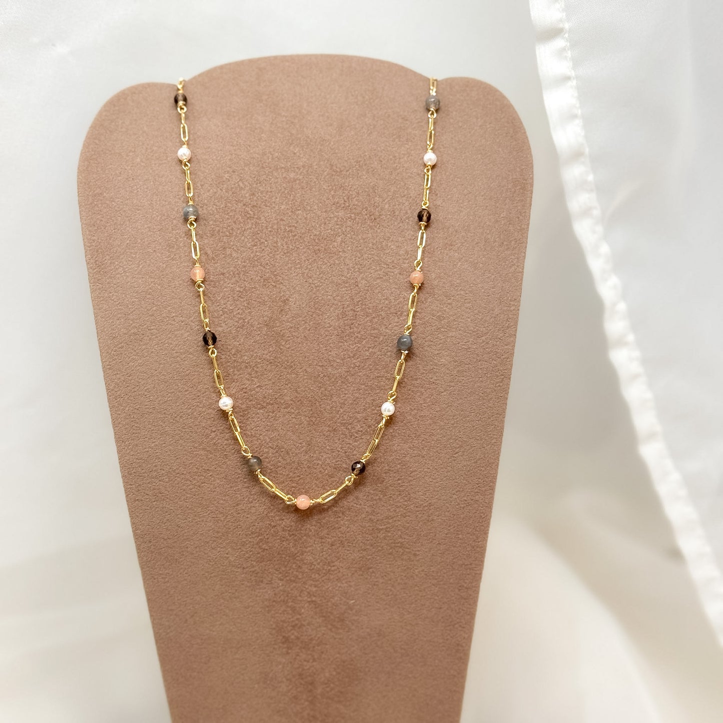 Collana cm35 catena sushi e pietre labradorite - quarzo fumé e pietra di luna - Lumiere Bijoux