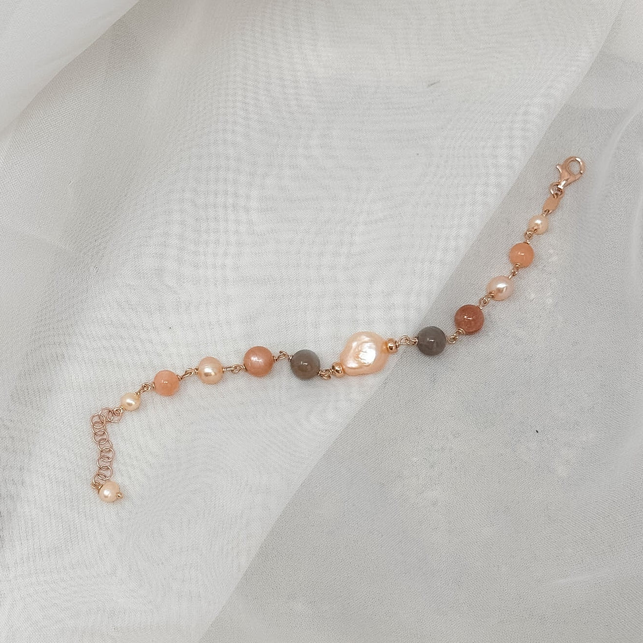 Bracciale perla sassetto rosa e pietra di luna - Lumiere Bijoux