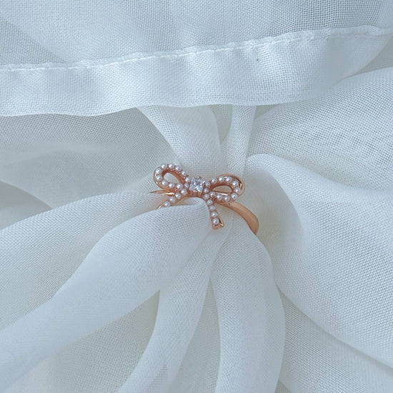 Anello fiocco micro perle e zircone centrale in argento rosé misura 14 - Lumiere Bijoux