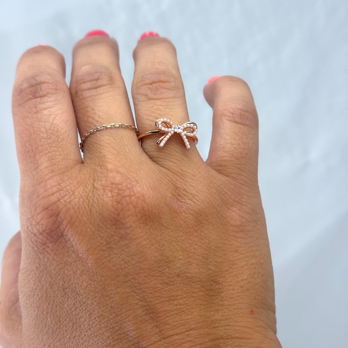 Anello fiocco micro perle e zircone centrale in argento rosé misura 14 - Lumiere Bijoux