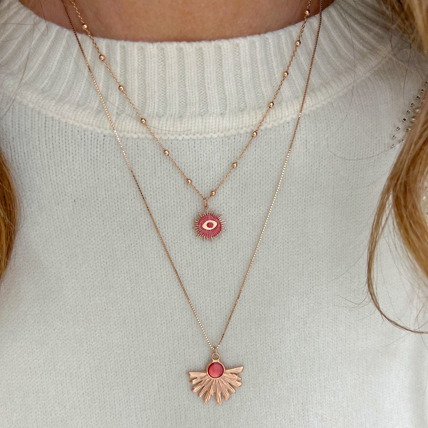 Collana unica a due fili lunga cm 60 con pendenti ventaglio di luce e occhio solare smaltati rosa in argento 925 - Lumiere Bijoux