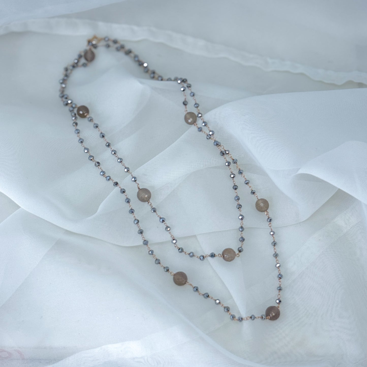 Collana Rosario cristalli e labradorite tonde diametro 5 mm in linea cm 90 argento rosé - Lumiere Bijoux