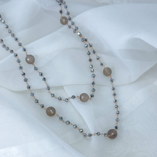 Collana Rosario cristalli e labradorite tonde diametro 5 mm in linea cm 90 argento rosé - Lumiere Bijoux