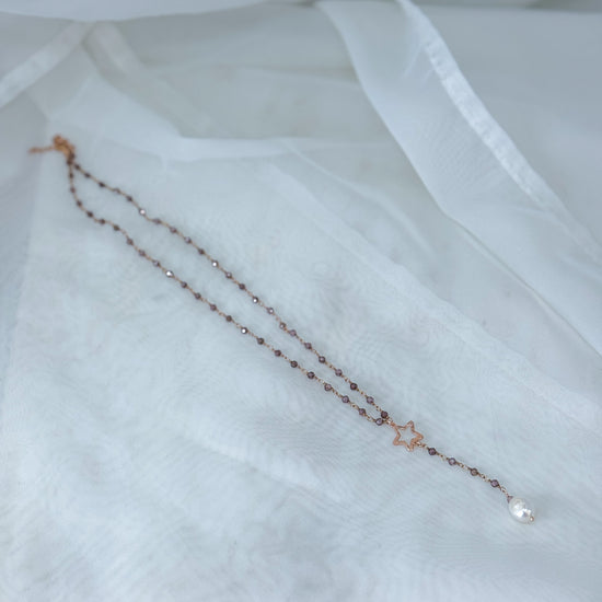 Collana Cristalli Marrone Fumé con Stella vuota battuta in argento rosé e Perla Bianca - 45cm - Lumiere Bijoux