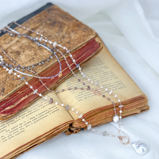 Collana Cristalli Bianchi e Marrone Fumé con Cuore argento Rosa - 37cm - Lumiere Bijoux