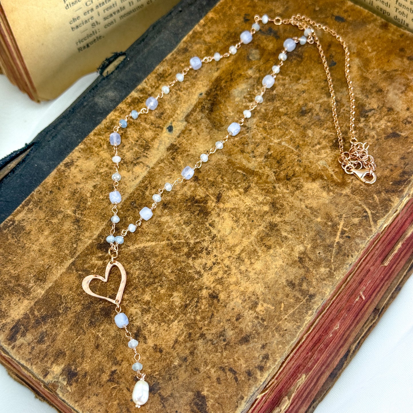 Collana rosario cm 45 con cuore corazon e perla pendente in argento rosé - Lumiere Bijoux
