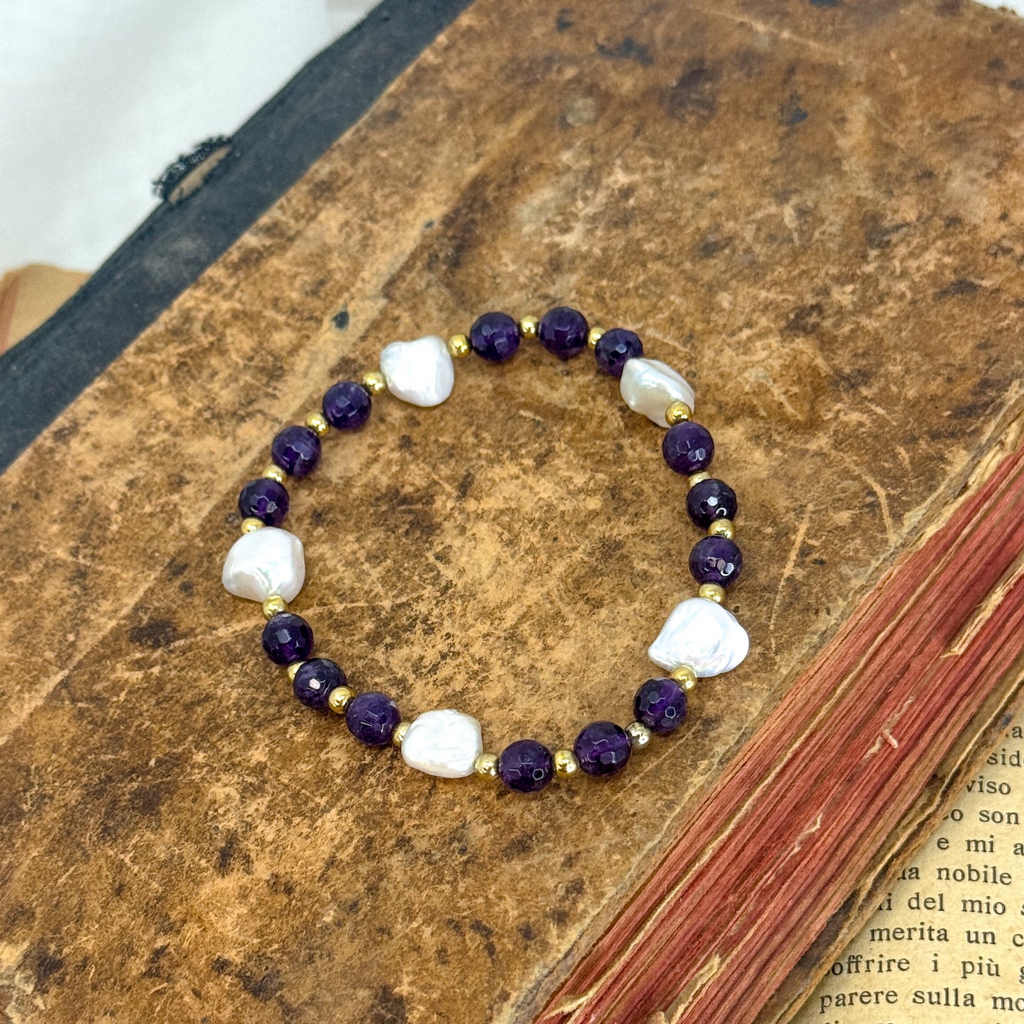 Bracciale elastico pietre naturali alternate da perle keshi e pepite argento dorato - Lumiere Bijoux