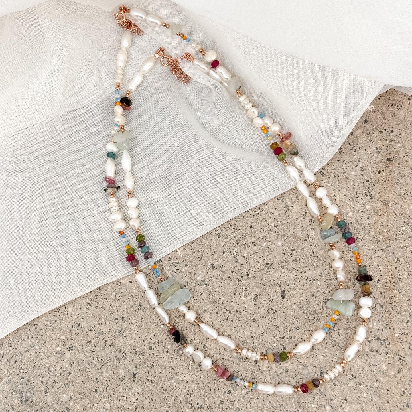 Collana cm 40 perle e pietre morganite e tromalina multicolore argento 925 - Lumiere Bijoux