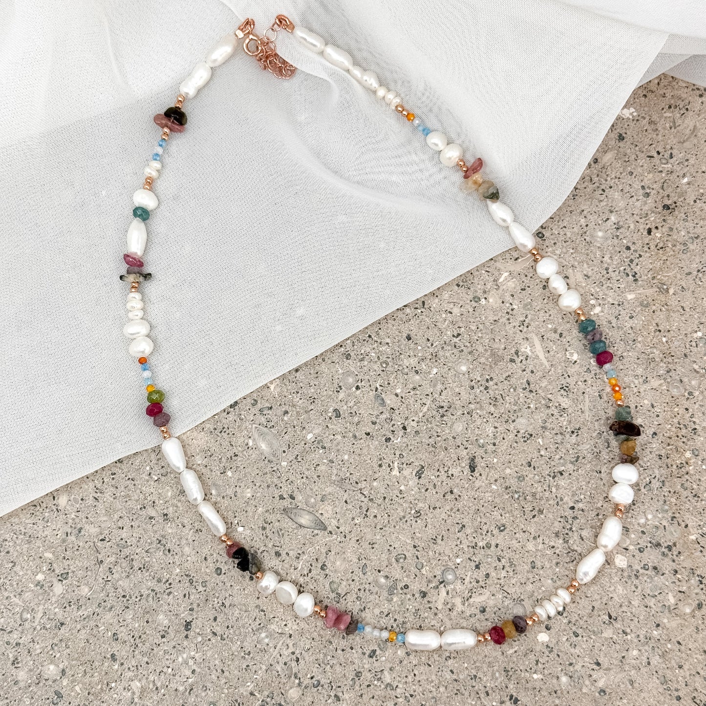 Collana cm 40 perle e pietre morganite e tromalina multicolore argento 925 - Lumiere Bijoux
