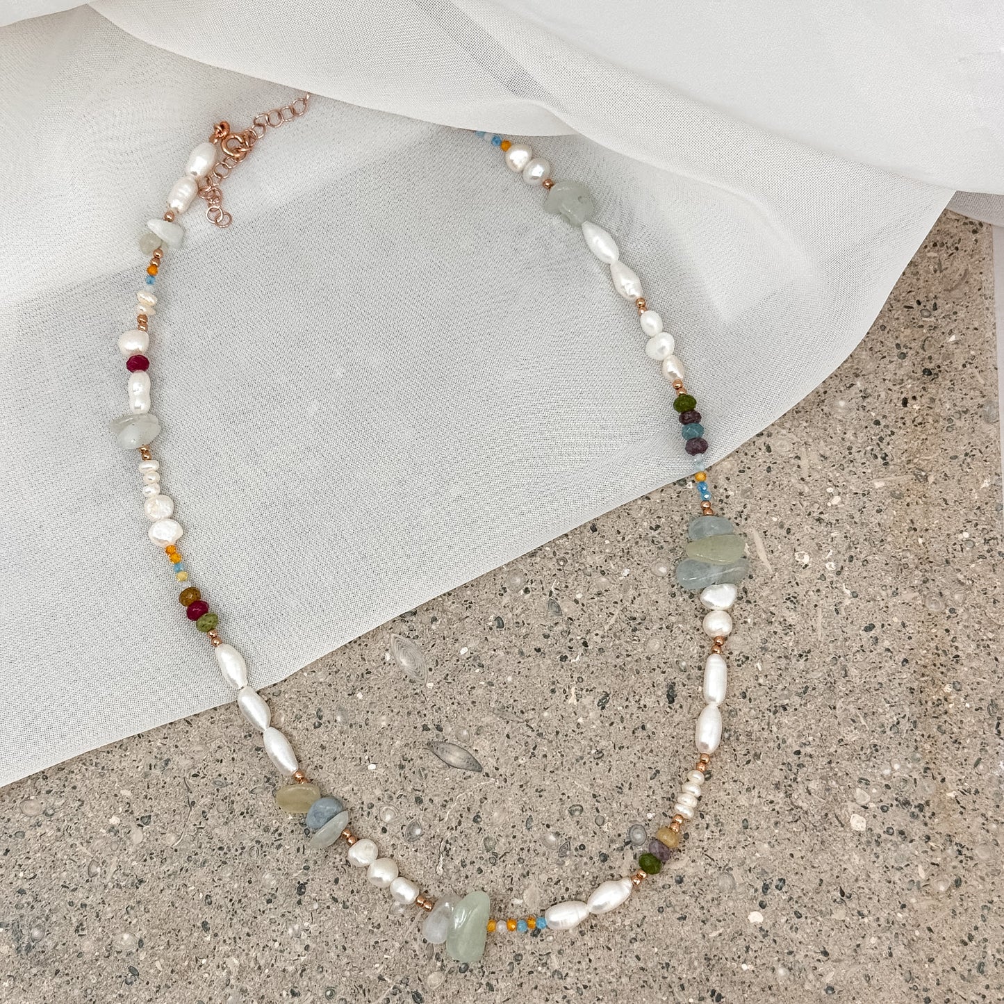 Collana cm 40 perle e pietre morganite e tromalina multicolore argento 925 - Lumiere Bijoux