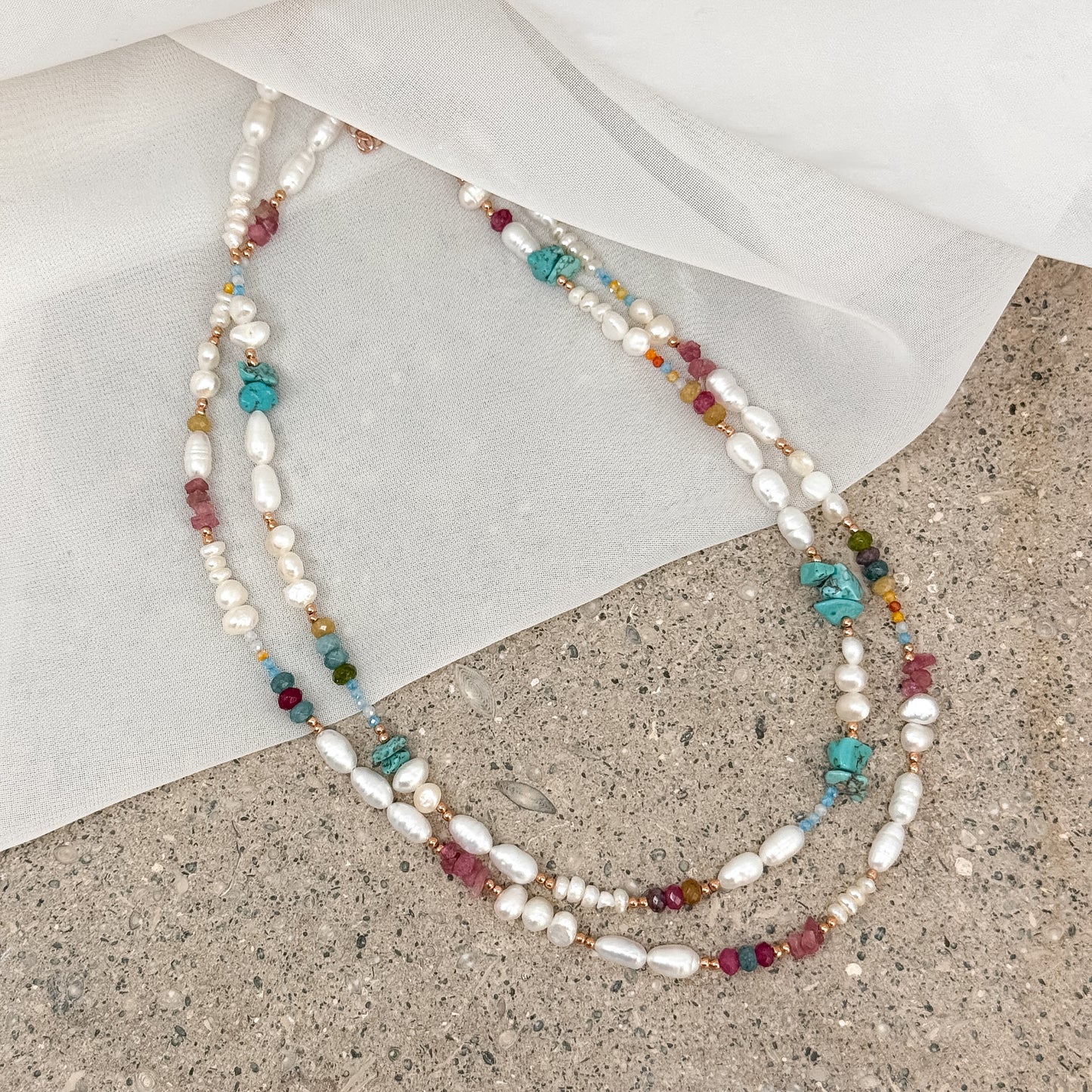 Collana con perle e pietre turchese e tromalina rosa argento 925 - Lumiere Bijoux