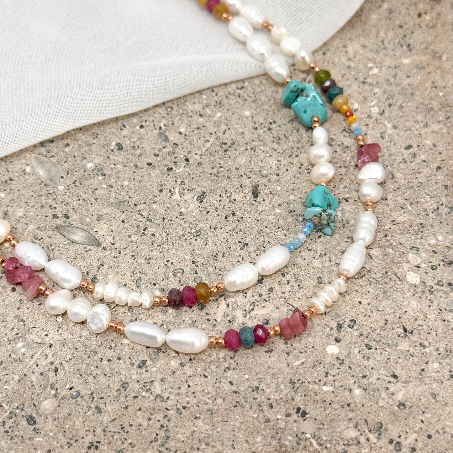 Collana con perle e pietre turchese e tromalina rosa argento 925 - Lumiere Bijoux