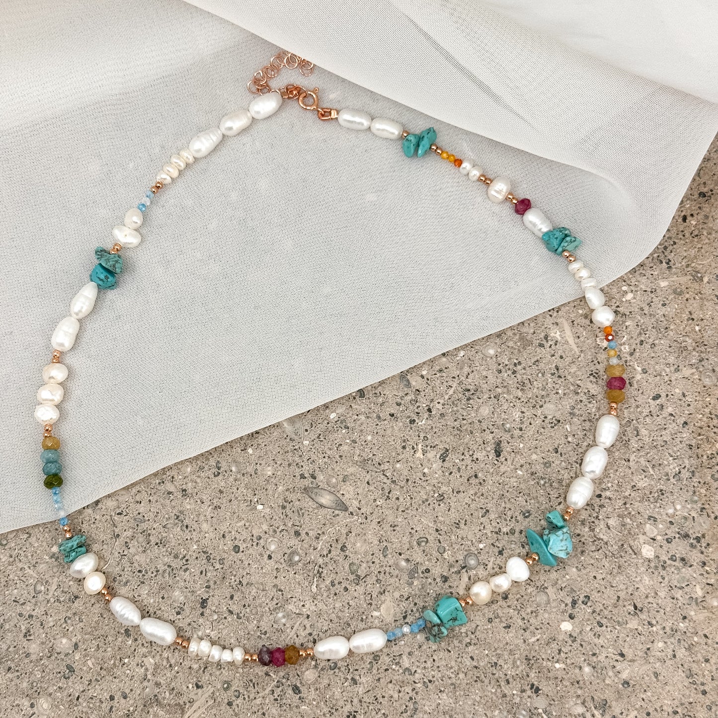 Collana con perle e pietre turchese e tromalina rosa argento 925 - Lumiere Bijoux