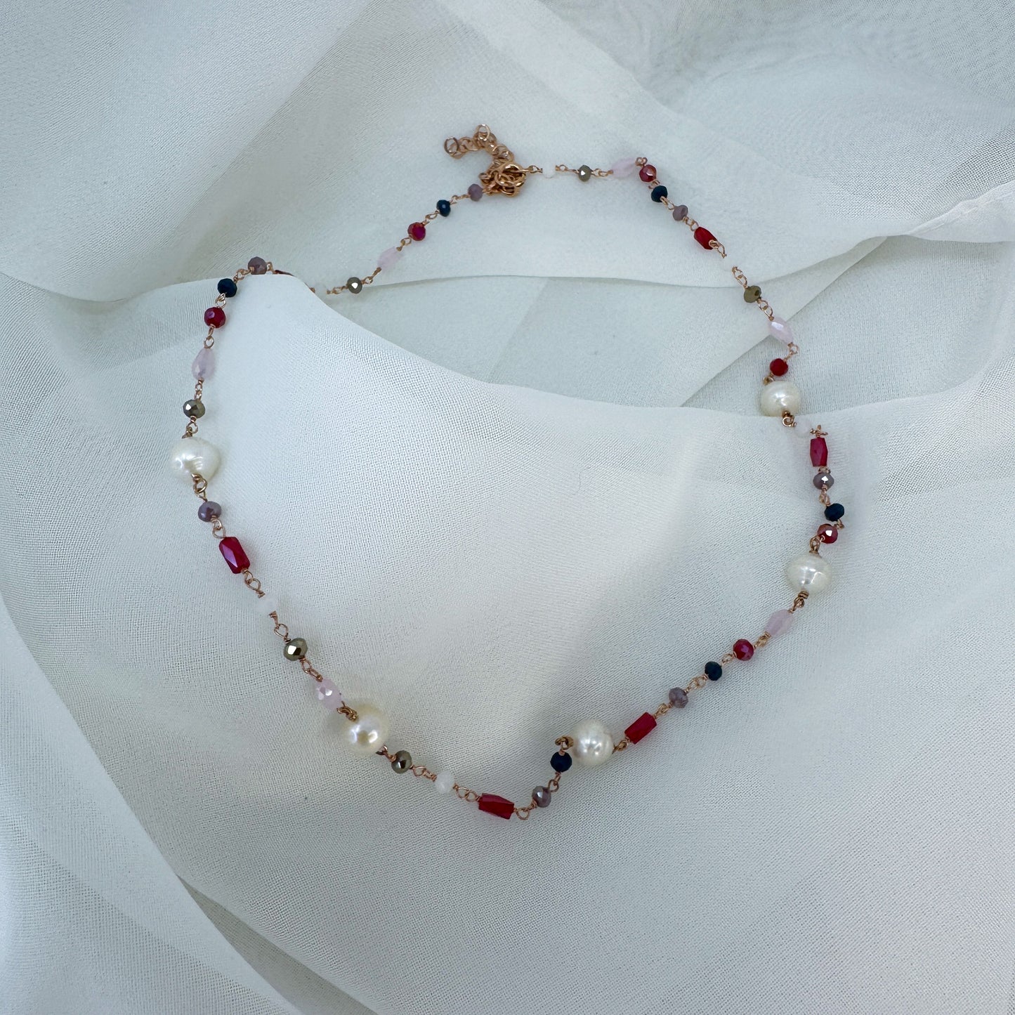 Collana cristalli rosario alternata da perle tonde cm40 - Lumiere Bijoux