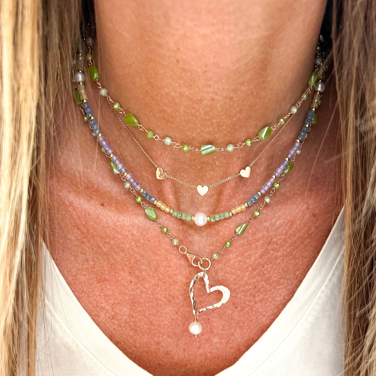 Collana lunga trasformabile cm 75 argento rosé cristalli multiforme soggetto battuto e perla naturale pendente - Lumiere Bijoux