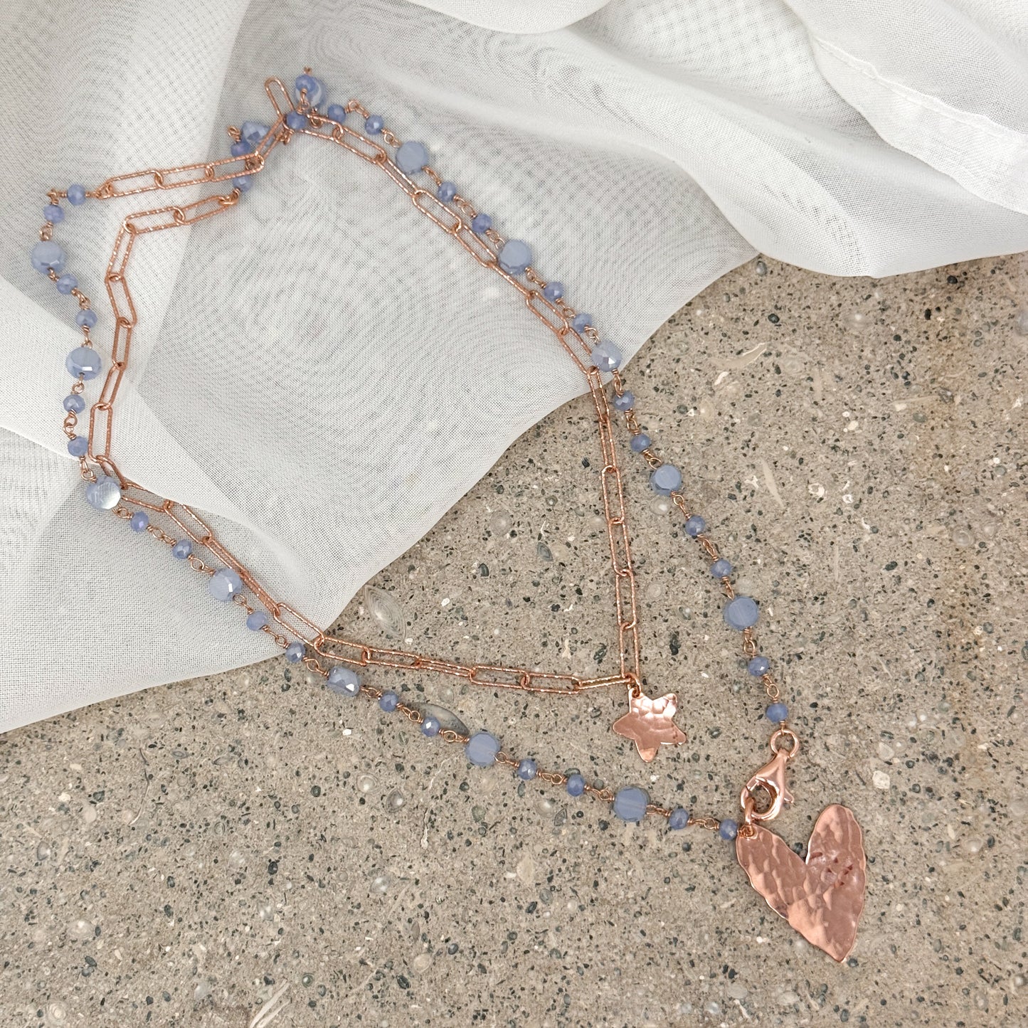Collana lunga trasformabile 75 cm argento 925 rosè con cristalli polvere e cuore allungato - Pezzo unico - Lumiere Bijoux