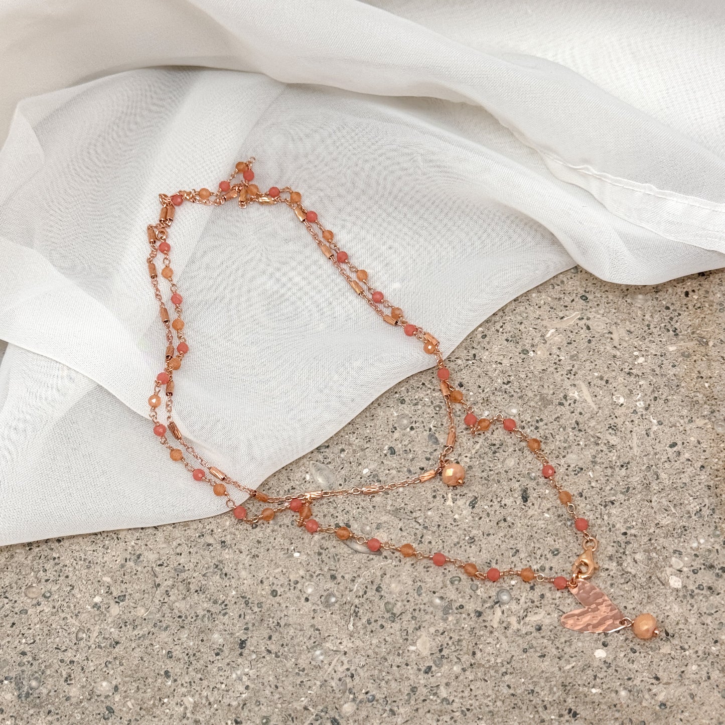 Collana lunga trasformabile cristalli pesca con cuore battuto pendente e catena tubetti - Argento 925 rosé Pezzo unico - Lumiere Bijoux