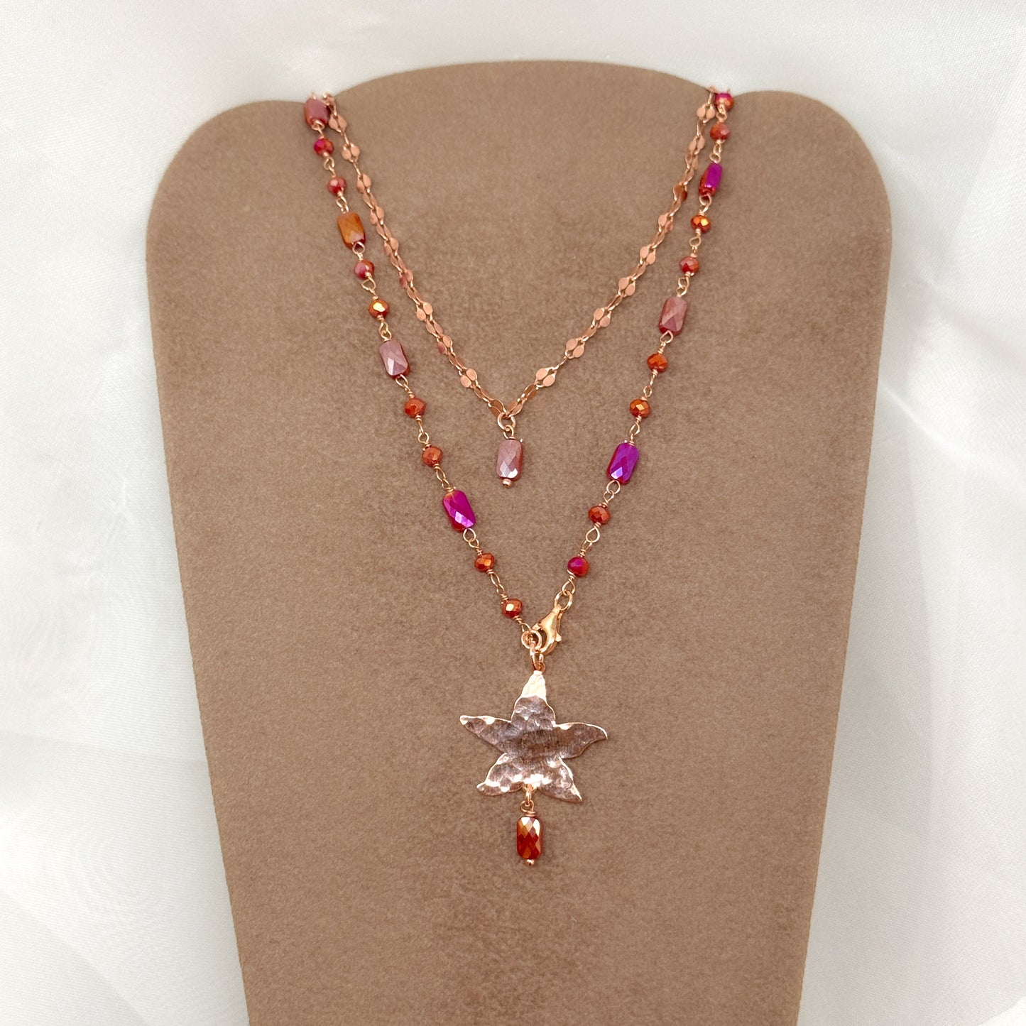 Collana lunga trasformabile 75 cm argento 925 rosè con cristalli rubino e stella marina battuta - Pezzo unico - Lumiere Bijoux