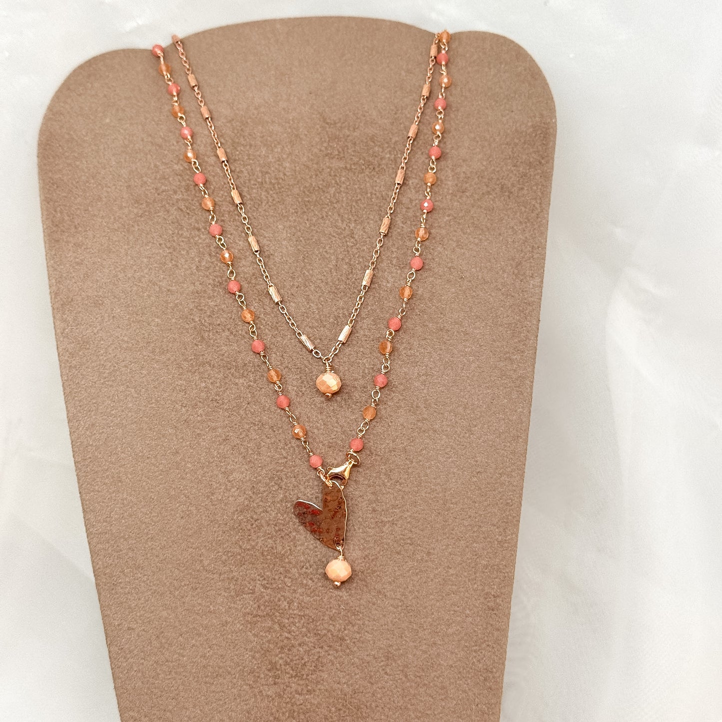 Collana lunga trasformabile cristalli pesca con cuore battuto pendente e catena tubetti - Argento 925 rosé Pezzo unico - Lumiere Bijoux