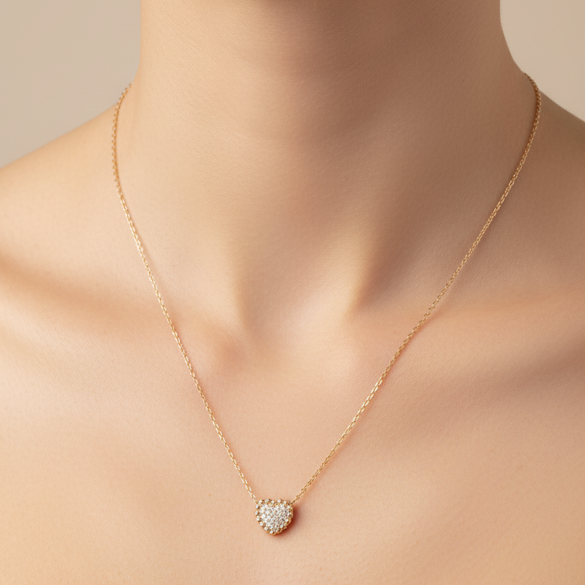 Collana catena rolò cm 35 con cuore di zirconi con contorno rosé
