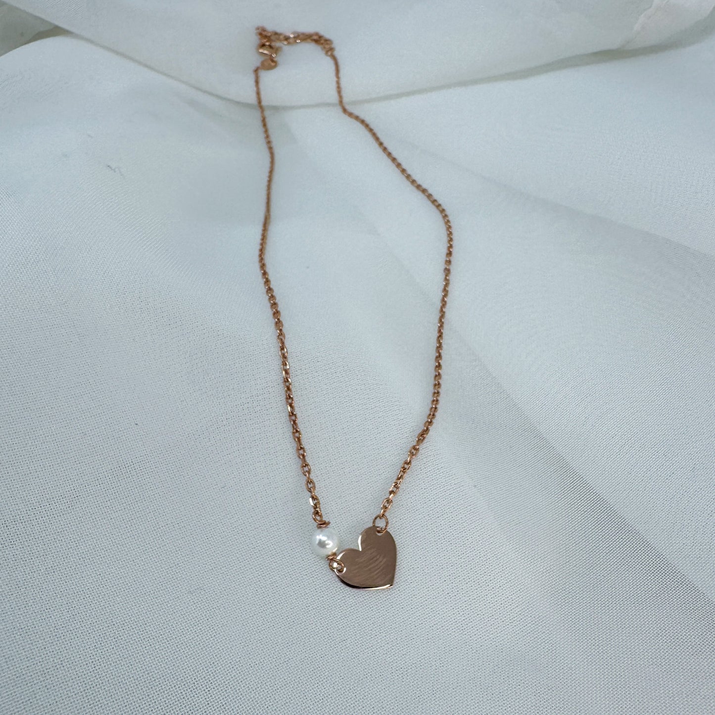 Collana catena rolò cm 35 con cuore in linea e micro perla - Lumiere Bijoux