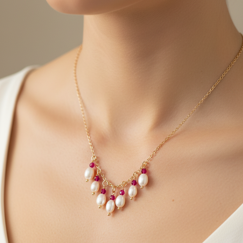 Collana cristalli rosario alternata da perle tonde cm33 - Lumiere Bijoux