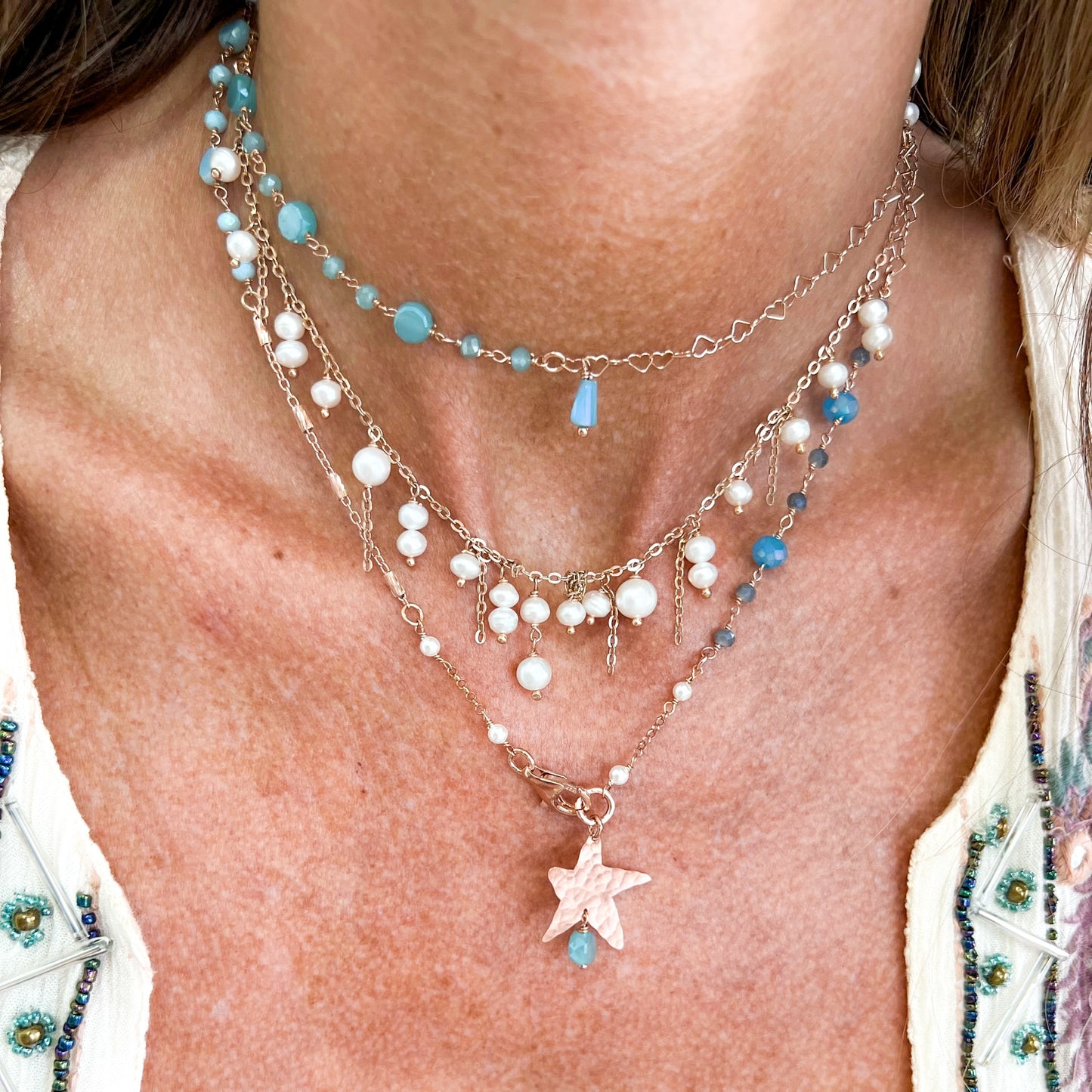 Collana lunga trasformabile con cristalli azzurri e catene multiforme con stella satinata battuta pendente — Argento 925 rosé Pezzo unico (Copia) - Lumiere Bijoux