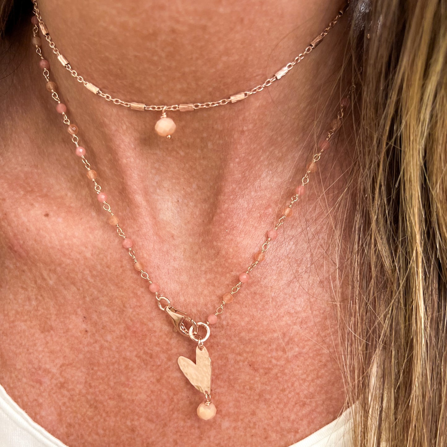 Collana lunga trasformabile cristalli pesca con cuore battuto pendente e catena tubetti - Argento 925 rosé Pezzo unico - Lumiere Bijoux