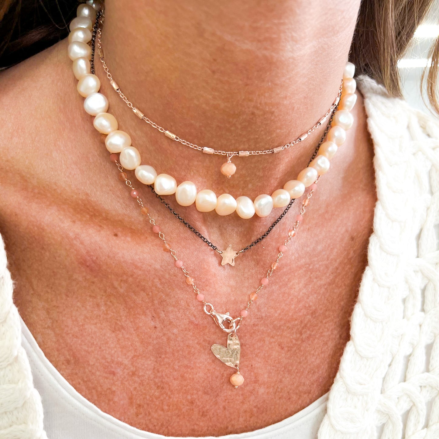 Collana lunga trasformabile cristalli pesca con cuore battuto pendente e catena tubetti - Argento 925 rosé Pezzo unico - Lumiere Bijoux