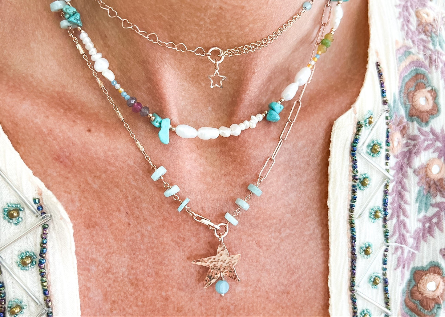 Collana lunga trasformabile con cristalli turchese e catene multiforme con stella battuta pendente — Argento 925 rosé Pezzo unico - Lumiere Bijoux