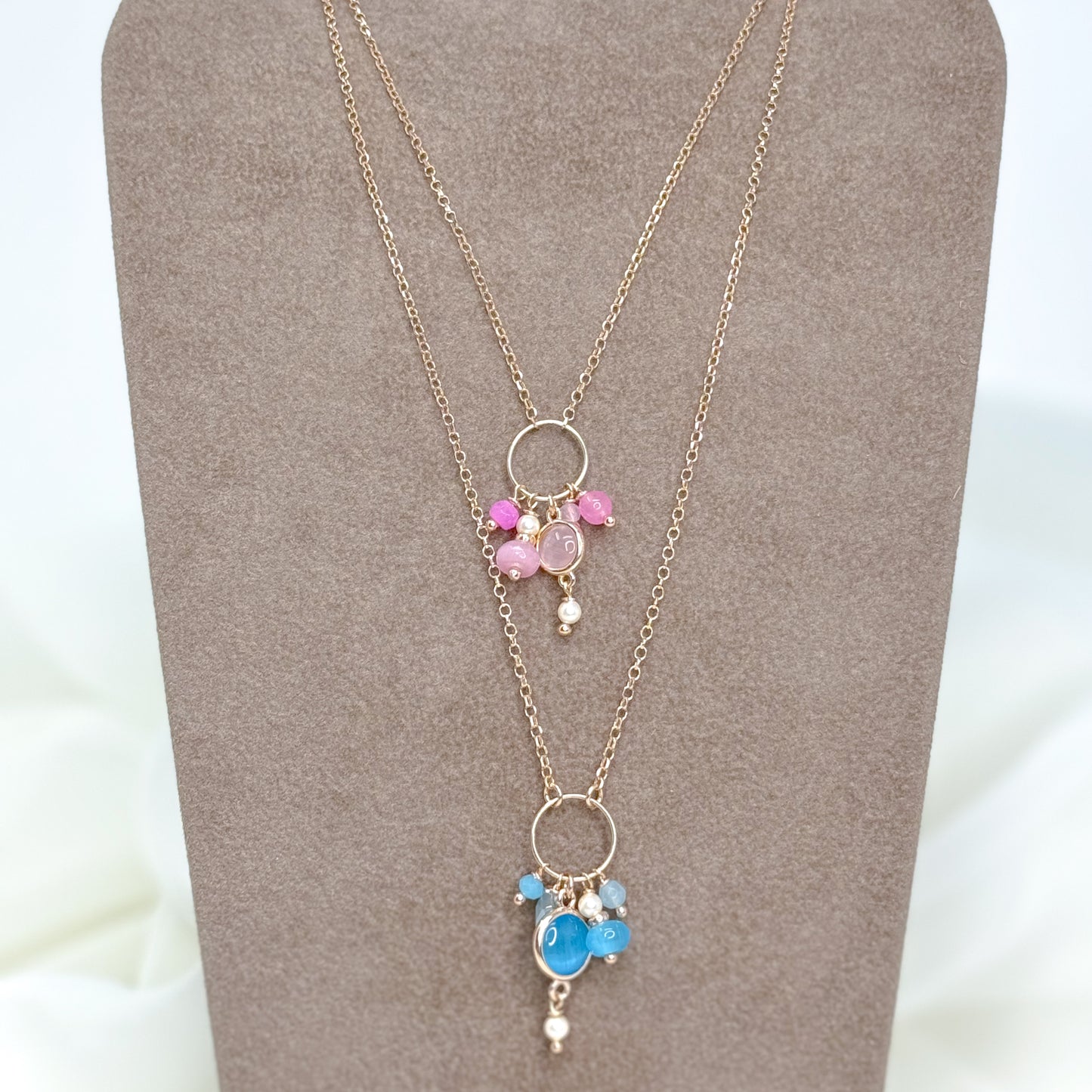 Collana catena rollò con cerchio con cristalli e pietra pendente rosa o azzurro Summer love