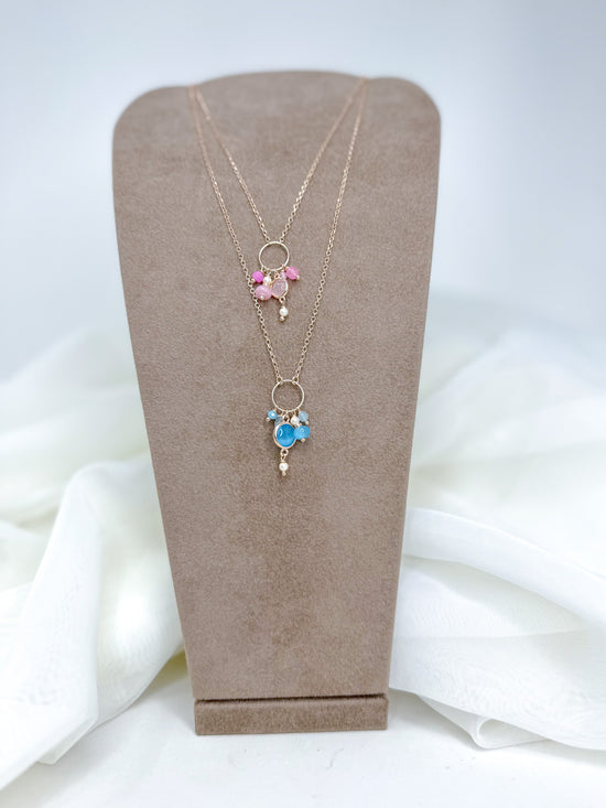 Collana catena rollò con cerchio con cristalli e pietra pendente rosa o azzurro Summer love