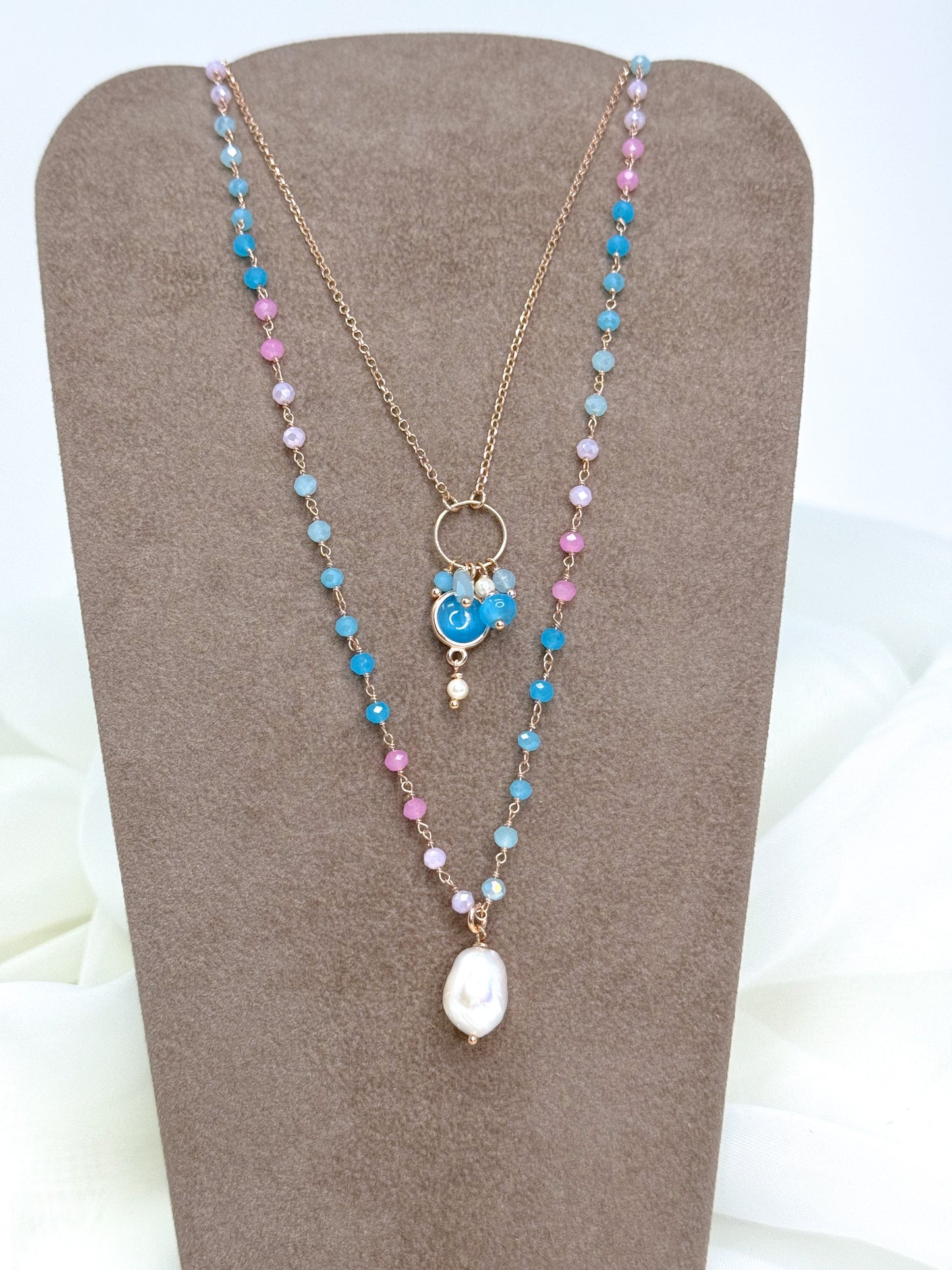 Collana catena rollò con cerchio con cristalli e pietra pendente rosa o azzurro Summer love