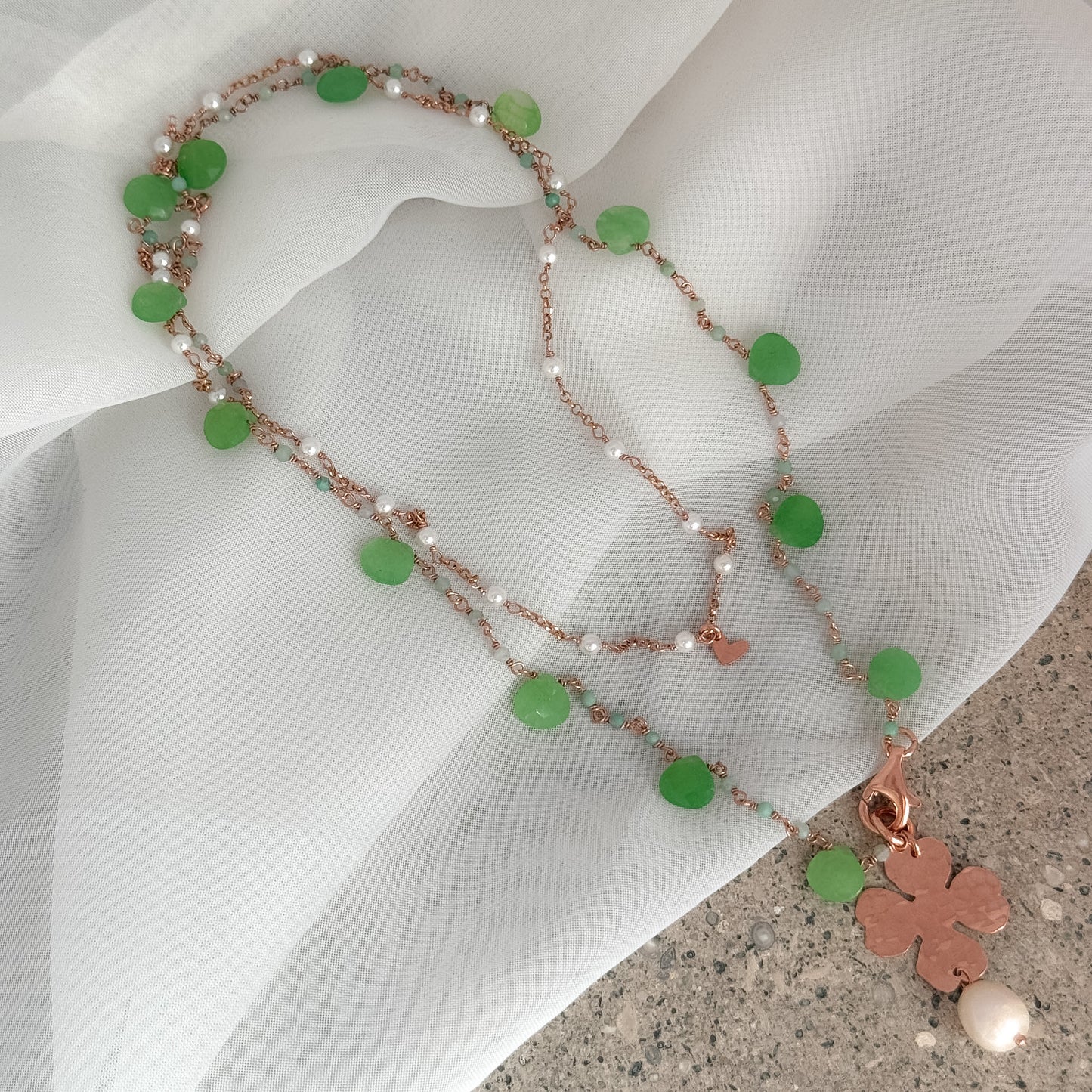 Collana lunga trasformabile cm 75 argento rosé cristalli e pietre soggetto battuto e perla naturale pendente - Lumiere Bijoux