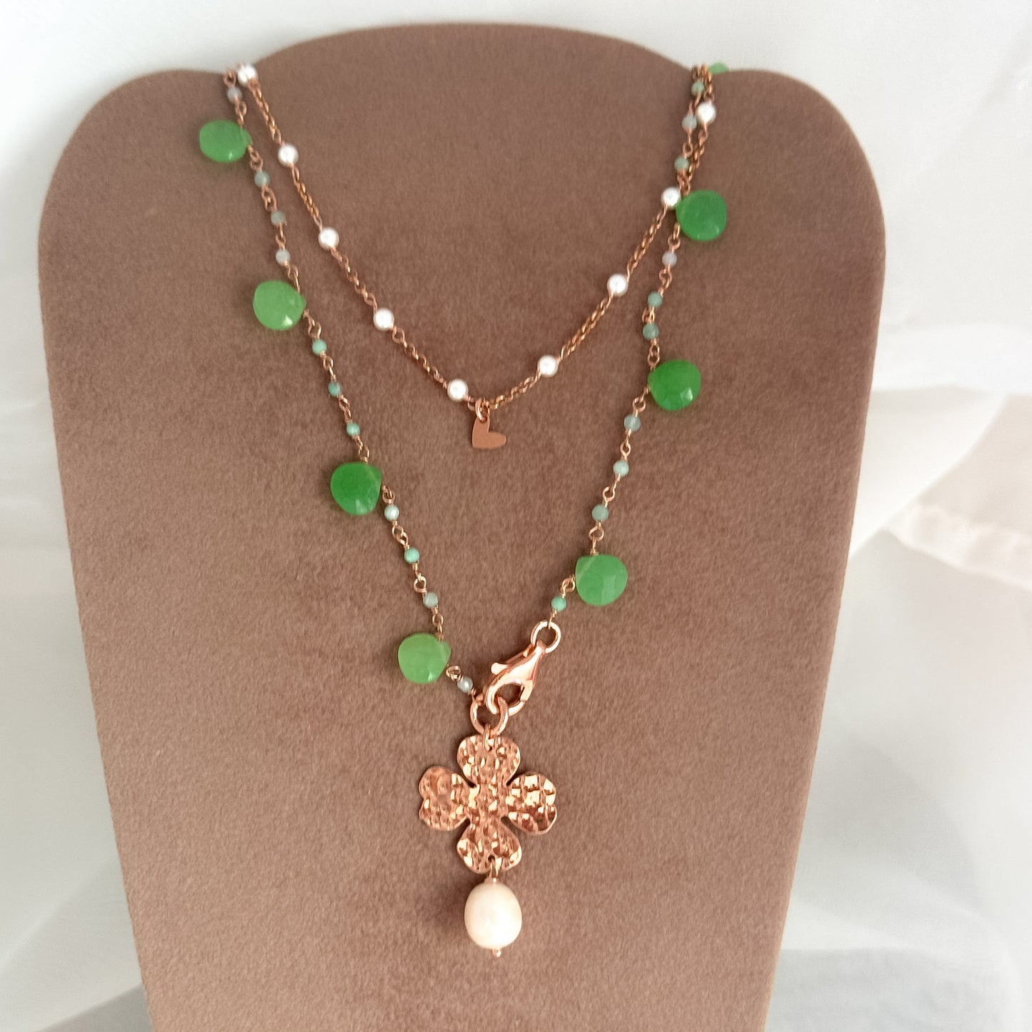 Collana lunga trasformabile cm 75 argento rosé cristalli e pietre soggetto battuto e perla naturale pendente - Lumiere Bijoux