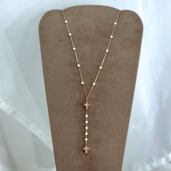 Collana rosario micro perle con croce di zirconi centrale e pendente finale - Lumiere Bijoux
