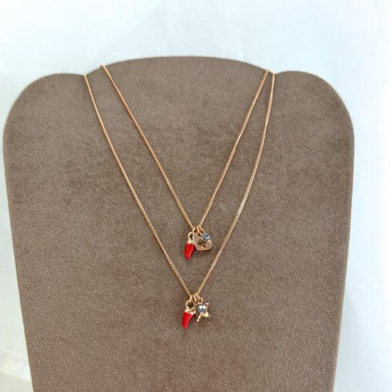 Collana portafortuna catena grumette cm 45 con cornetto + cristallo + simbolo emozionale - Lumiere Bijoux