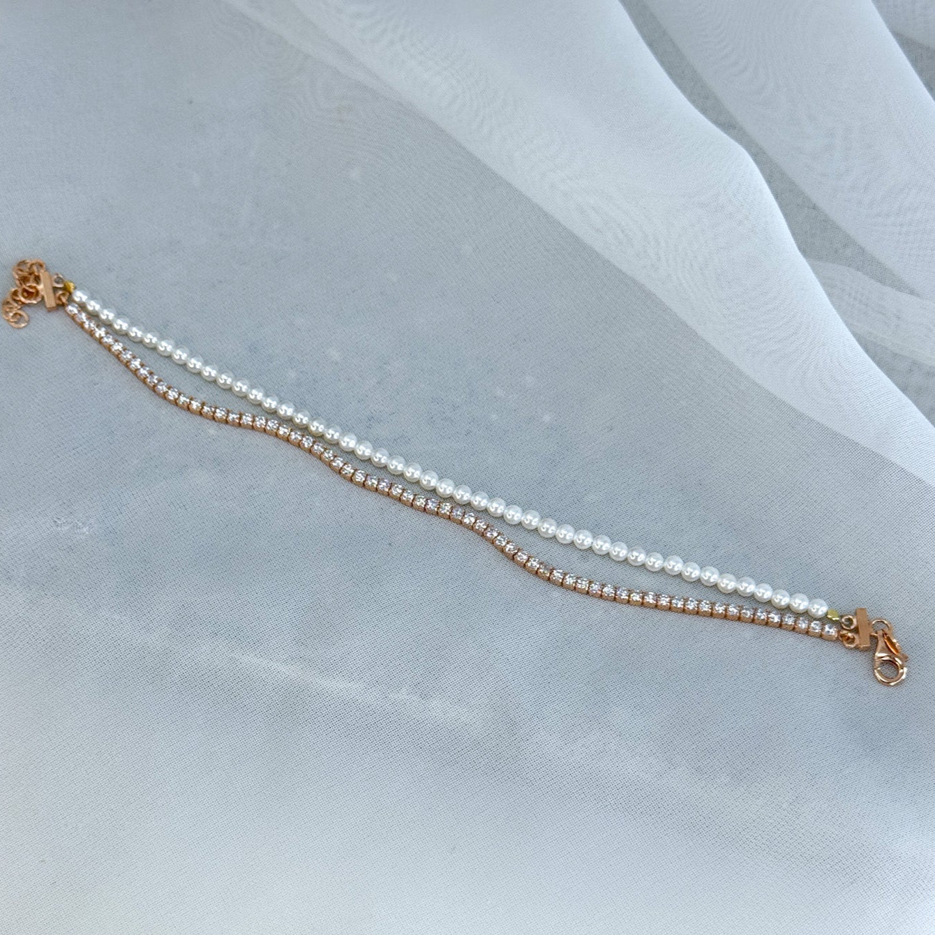 Bracciale doppio filo perle e tennis zirconi argento rosé - Lumiere Bijoux